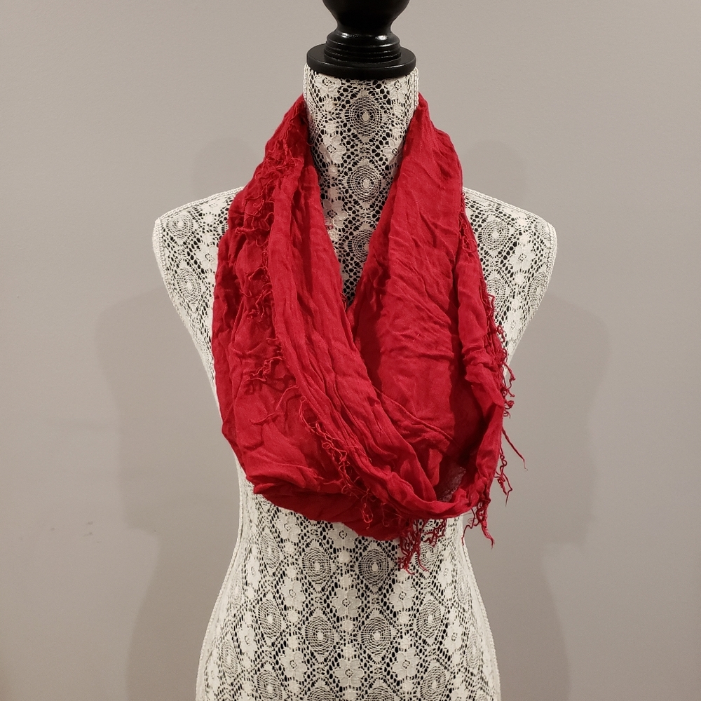 Red Infinity Scarf with Fringed Ends